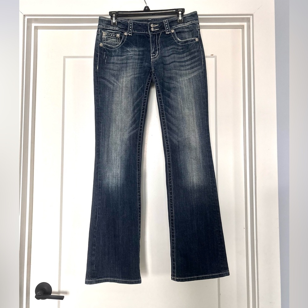 Vintage Y2K Miss Me Dark Wash Embellished Double Button Bootcut Jeans Sz 29